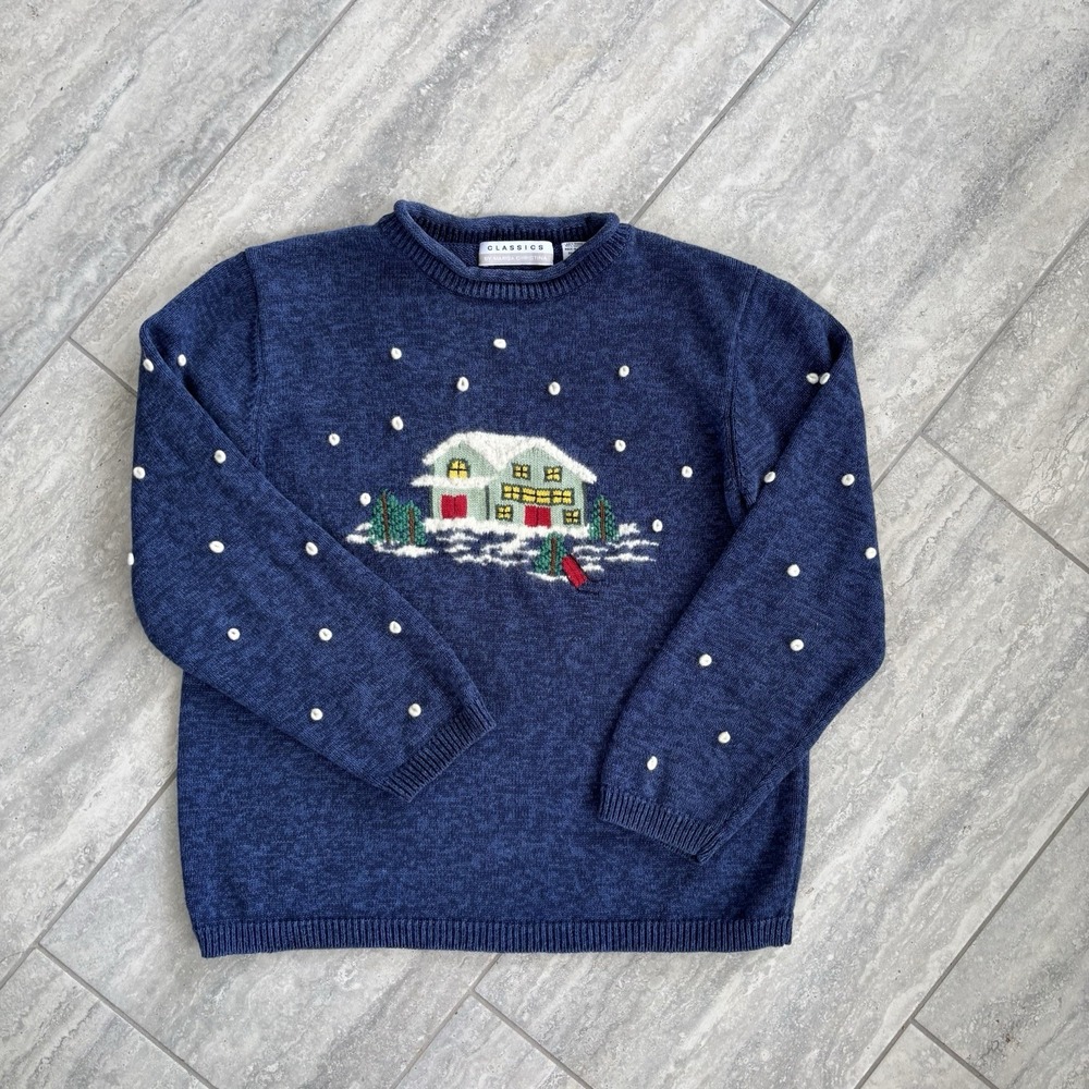 Vtg Marisa Christina Classics Navy Blue Snowy House Christmas Sweater L